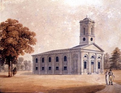 Vista de uma Igreja Neo-Clássica num Parque, c.1790 (aguarela sobre papel) de English School