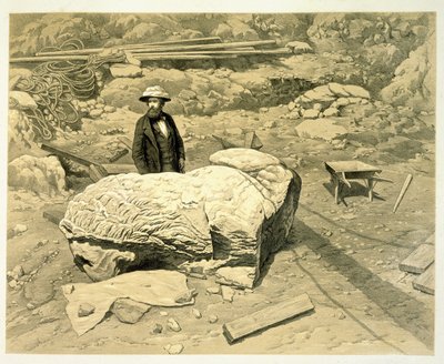 Vista de um leão colossal a seu lado, com Newton por trás, de A History of Discoveries em Helicarnassus, Cnidus & Branchidae, de Charles Thomas Newton (1816-94), publicado em 1862 de English School