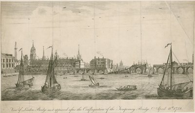 Vista da antiga ponte de Londres como apareceu após o incêndio de 1758 de English School