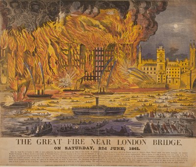 Vista do Cottons Wharf Fire, 1861 (cor xilogravura) de English School