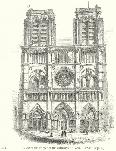 Vista da fachada da Catedral de Paris (gravura) de English School