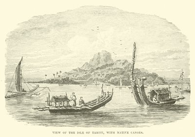 Vista da ilha do Taiti, com canoas nativas de English School