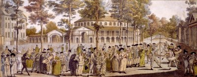 Vista do Baile do Jubileu, Jardins Ranelagh, em comemoração ao aniversário de George, Príncipe de Gales, 24 de maio de 1759 (gravura colorida à mão) de English School