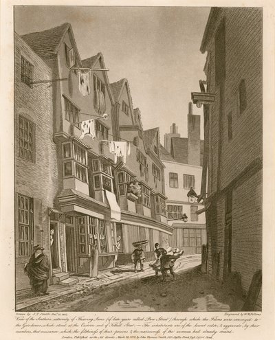 Vista da extinção sulista de Thieving Lane (dos últimos anos chamada Bow Street) de English School