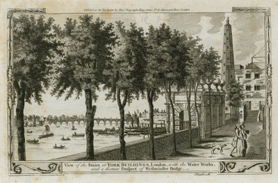 Vista, de, a, escadas, de, york, edifícios, londres, com, a, água, trabalhos, e, a, distante, prospecto, de, ponte westminster de English School