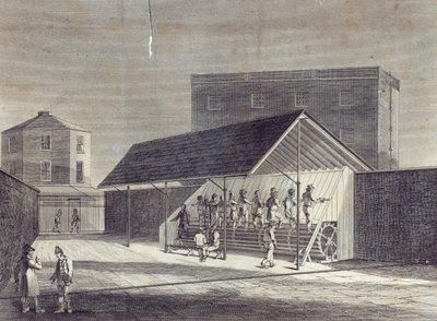 Vista da Tread Mill para o emprego de prisioneiros, erguido na Casa de Correção em Brixton, publicado por Gent. Mag., Julho de 1822 de English School