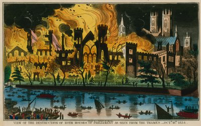 Visão da destruição de ambas as Casas do Parlamento como visto do Tâmisa, 16 de outubro de 1834 de English School