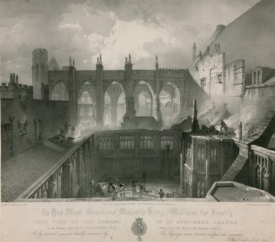 Vista dos restos da Capela St Stephens na manhã após o incêndio de English School