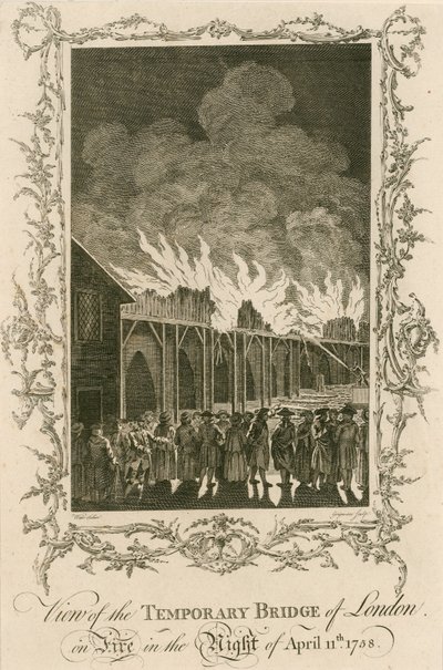 Vista da ponte temporária de Londres em chamas na noite de 11 de abril de 1758 de English School