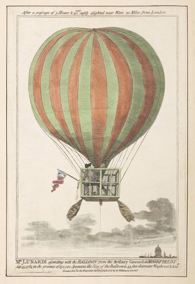 Vincent Lunardi transportado pelo ar após a sua ascensão de Moorfields, Setembro de 1784 (gravura colorida) de English School