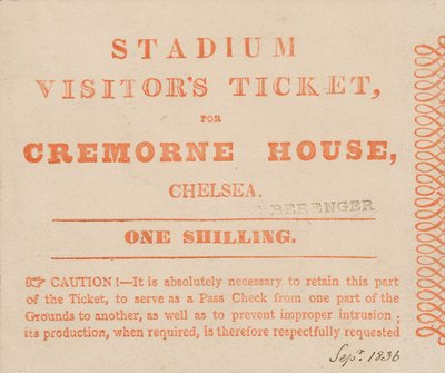 Bilhete de visitantes para o estádio, Cremorne House, Londres, setembro de 1836 de English School
