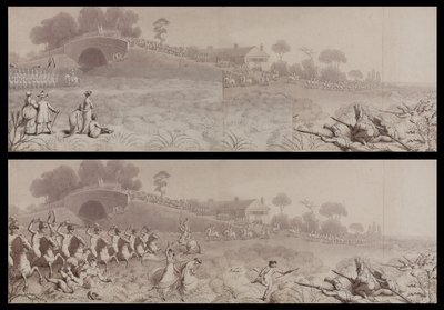 Volunteer review at Wormwood Scrubs mostrando a Taverna Mitre e a Ponte Mitre, Hammersmith, c.1800 (lavar no papel) de English School