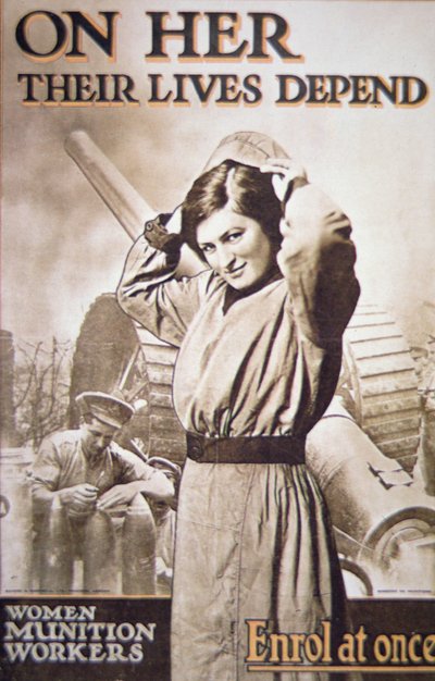 Cartaz da Primeira Guerra Mundial encorajando Mulheres Trabalhadoras de Munição, c.1914-18 (cor litho) de English School