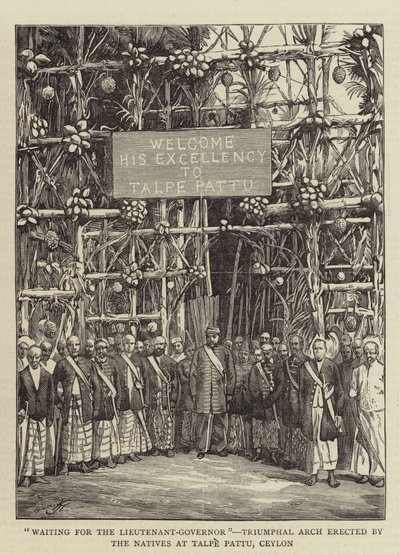 "À Espera do Tenente-Governador", Arco Triunfal erigido pelos Nativos em Talpe Pattu, Ceilão (gravura) de English School