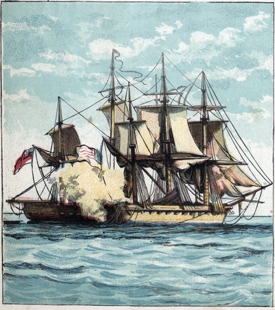 Guerra de 1812 entre os Estados Unidos e a Grã-Bretanha: o fregate de Chesapeake durante a batalha naval contra a fragata britânica "Shannon" em 01/06/1813 ao largo de Boston. "Chesapeake e Shannon". de English School