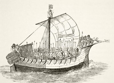 Navio de Guerra no século 15, de "A História Nacional e Nacional da Inglaterra", de William Hickman Smith Aubrey (1858-1916) publicou Londres, c.1890 de English School