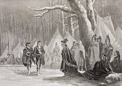 Washington e Gist visitam a rainha indiana Alliquippa, da &39;Galeria de Retratos Históricos&39;, publicada em 1880 de English School