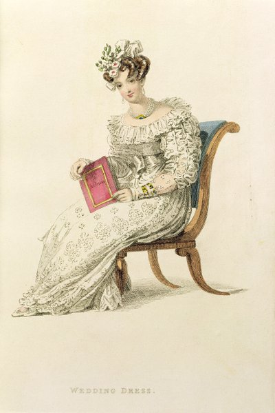 Vestido de noiva, gravura de moda de Ackermanns Repository of Arts de English School