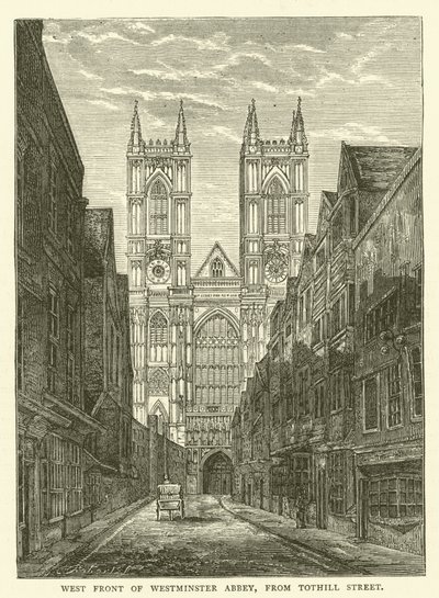 Frente oeste da Abadia de Westminster, da Rua Tothill (gravura) de English School