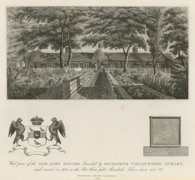 Frente oeste das antigas casas de esmolas fundadas por Elizabeth Viscondessa Lumley (gravura) de English School