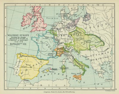 A Europa Ocidental mostrando as alterações efectuadas pelos Tratados de Utrecht e Rastadt (litografia a cores) de English School