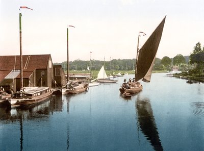 Wherry saindo de Wroxham (foto colorida à mão) de English School
