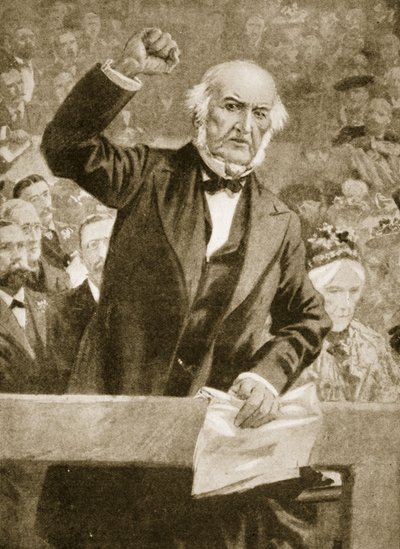 William Gladstone falando em uma reunião em Liverpool em 24 de setembro de 1896 de English School