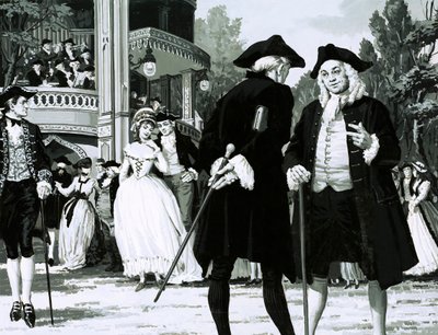 William Hogarth dá um passeio em Vauxhall Gardens (guache no papel) de English School