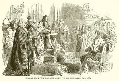 William III dando seu consentimento real para o Ato de Tolerância, 1689 de English School