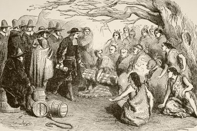 William Penn faz um tratado com os índios Delaware ou Lenape em 1682 (litografia) de English School