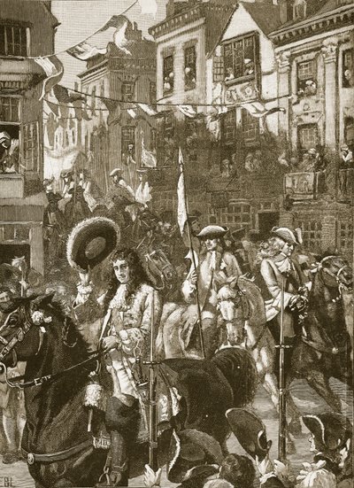 Williams procissão triunfante para Whitehall, ilustração da história ilustrada de Cassells da Inglaterra (foto sépia) de English School