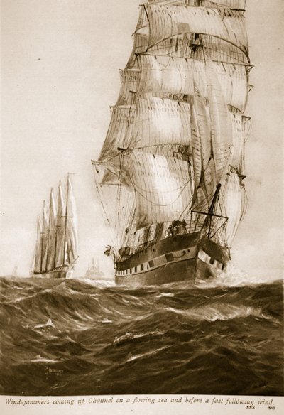 Wind-jammers chegando Canal em um mar fluindo e antes de um vento rápido seguinte, 1914-19 de English School