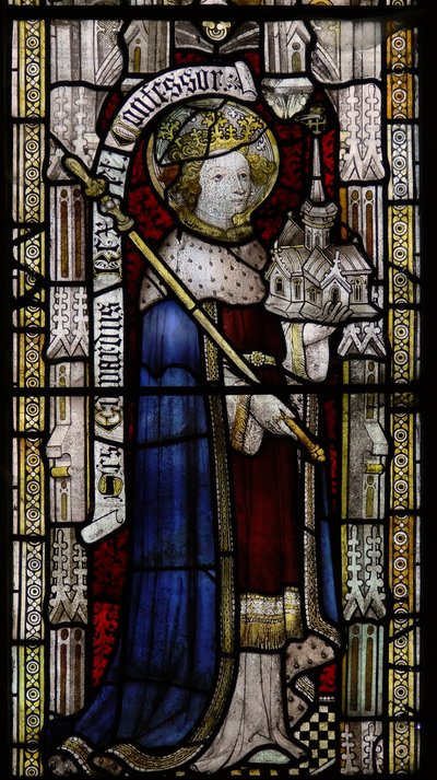 Window Ew representando St Ethelbert (rotulado erroneamente como Edward the Confessor no século 19!) de English School