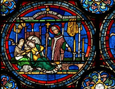 Janela n4 retratando uma cena de um St Thomas Becket Janela milagrosa: Julia Puintel disse para ir ao túmulo de English School