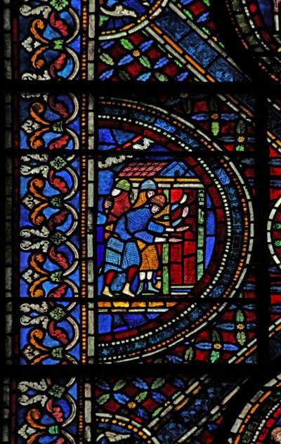 Janela n7 retratando uma cena da vida de St Thomas Becket: cavaleiros na porta de Canterbury de English School