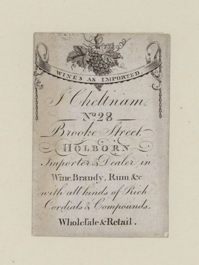 Comerciantes de vinhos, J Cheltnam, cartão de comércio de English School
