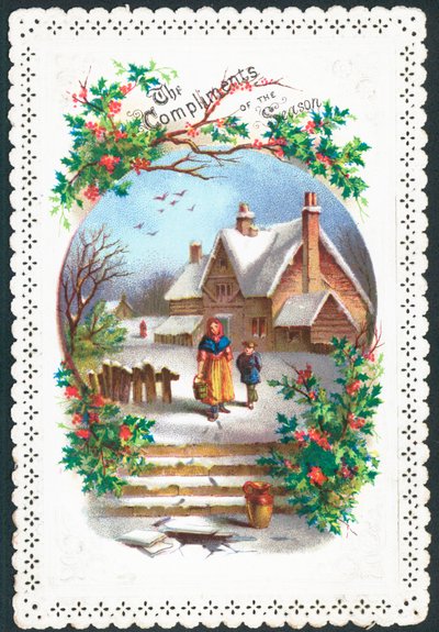 Mulher e menino andando na neve, cartão de Natal de English School
