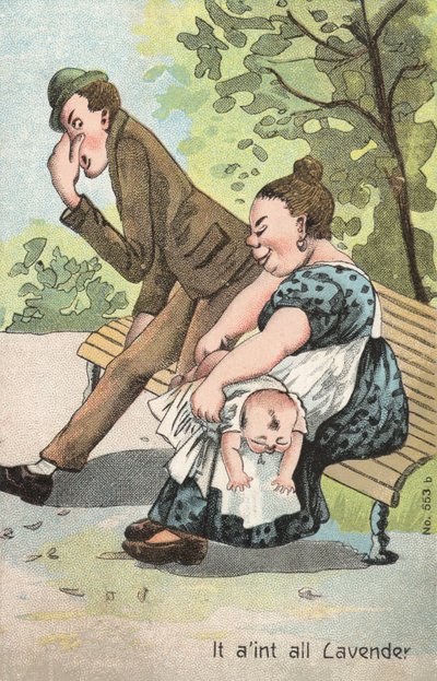 Mulher mudando um bebê no parque (cor litho) de English School