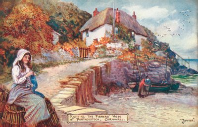 Mulher tricotando mangueira de pescador, Porthoustock, Cornualha (cor litho) de English School