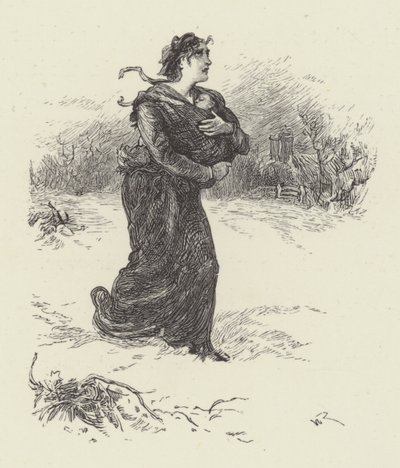 Mulher com bebé na neve (gravura) de English School