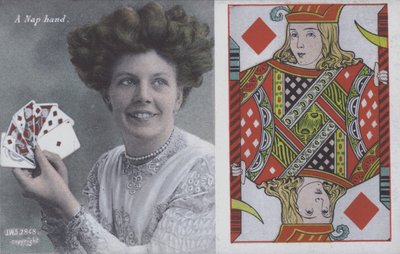 Mulher com cartas de jogo e o Valete de Ouros (cor litho) de English School