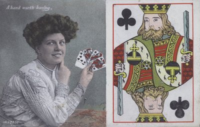 Mulher com cartas de jogar e o rei de paus (litografia a cores) de English School