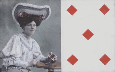 Mulher com cartas de jogar e os cinco de ouros (cor litho) de English School