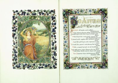 Mulher com a cesta de colheita (verso) e manuscrito iluminado com versos de &39;Para o outono&39; (frente) e bordas decorativas de English School