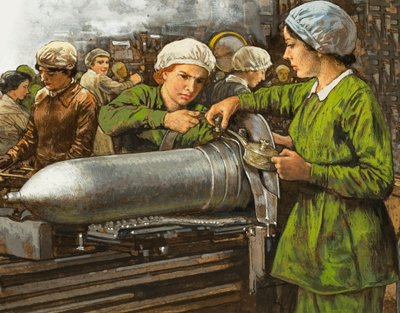Mulheres trabalhando em uma fábrica de munições na Primeira Guerra Mundial de English School