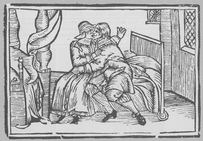 Woodcut, depicing, um, homem, e, um, mulheres, sentada, ligado, um, cama de English School