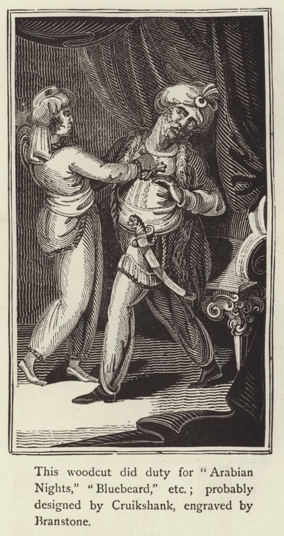 Corte de madeira que fez serviço para Noites Árabes, Barba Azul, etc (gravura) de English School