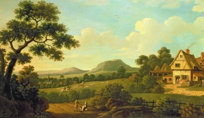 Paisagem arborizada com figuras em uma estrada, c.1770 de English School
