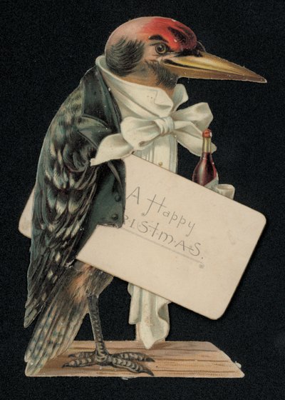 Pica-pau vestido de garçom ou mordomo, cartão de felicitações de Natal (chromolitho) de English School