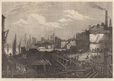 Obras do dique sul do rio Tâmisa em Lambeth de English School
